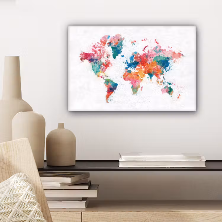 Waterverf - Wereldkaart - Kleurrijk - Continenten canvas 2cm klein -sfeer6