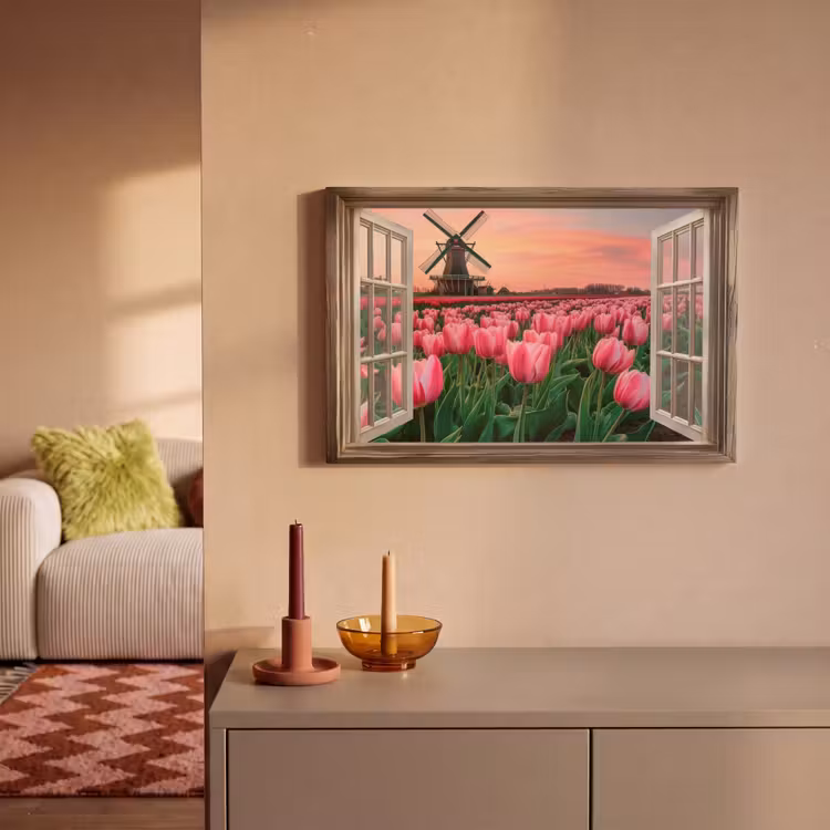 Doorkijk - Tulpen - Bloemen - Molen - Raam canvas 2cm klein -sfeer1