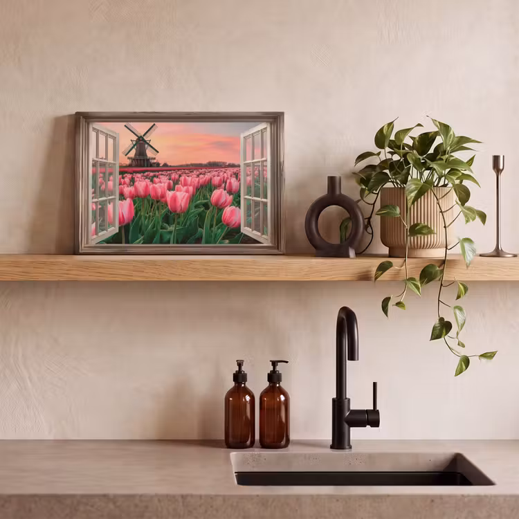 Doorkijk - Tulpen - Bloemen - Molen - Raam canvas 2cm klein -sfeer3