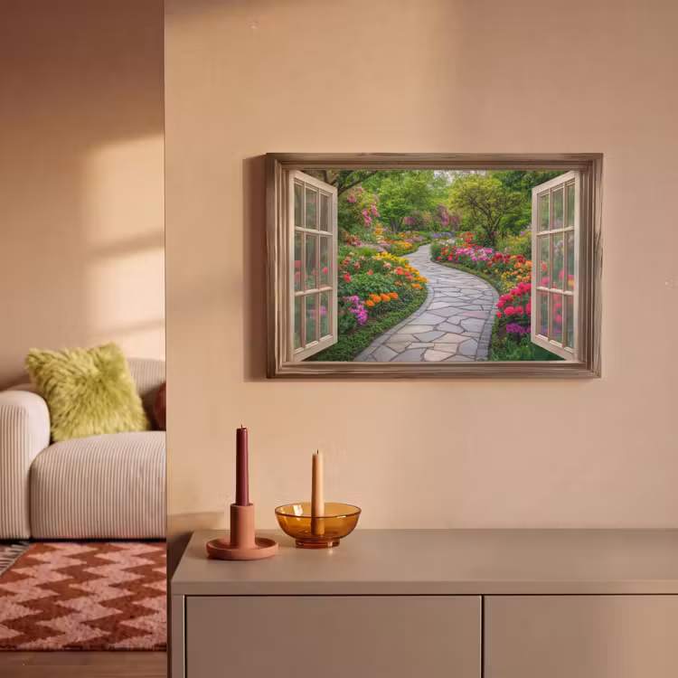 Doorkijk - Bloemen - Tuinpad - Natuur - Raam canvas 2cm klein -sfeer1