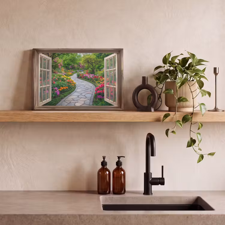 Doorkijk - Bloemen - Tuinpad - Natuur - Raam canvas 2cm klein -sfeer3