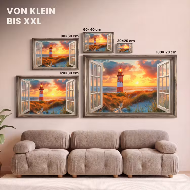 Doorkijk - Raam - Vuurtoren - Zonsondergang - Strand canvas 2cm klein -Xsfeer8_DE