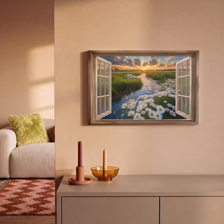 Doorkijk - Landschap - Raam - Water - Zonsondergang canvas 2cm klein -sfeer1