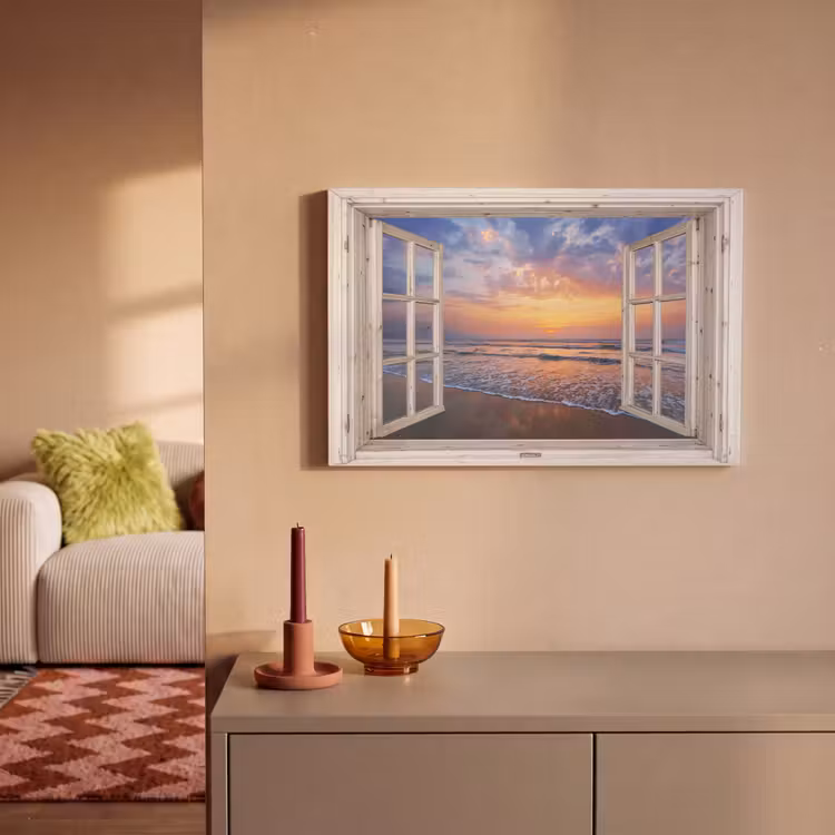 Doorkijk - Zee - Strand - Zonsondergang - Blauw canvas 2cm klein -sfeer1