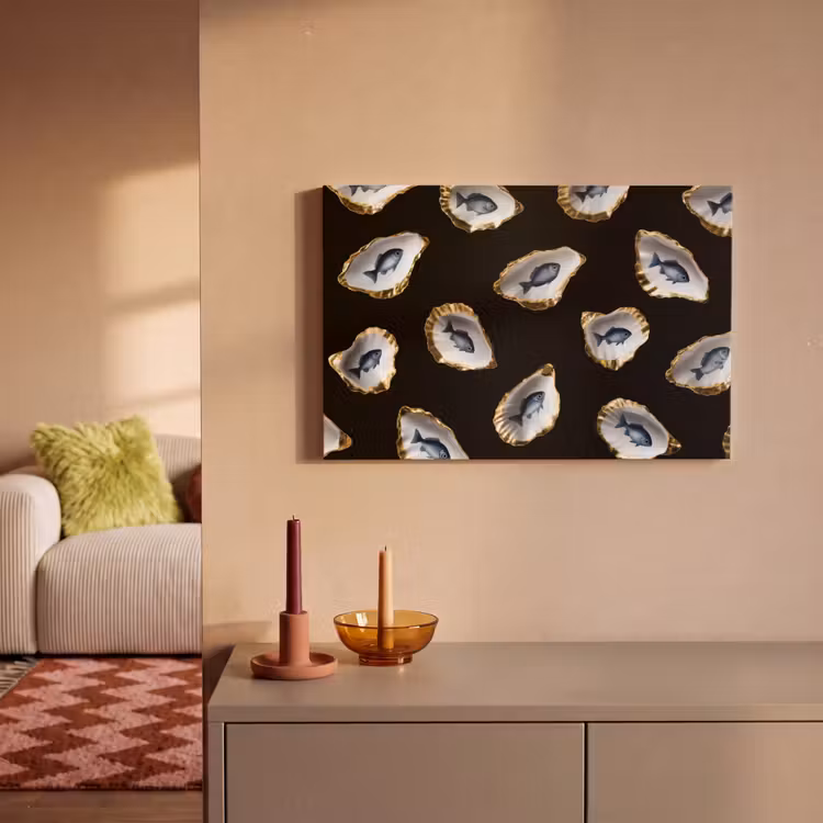 Oesters - Vissen - Blauw - Goud canvas 2cm klein -sfeer1