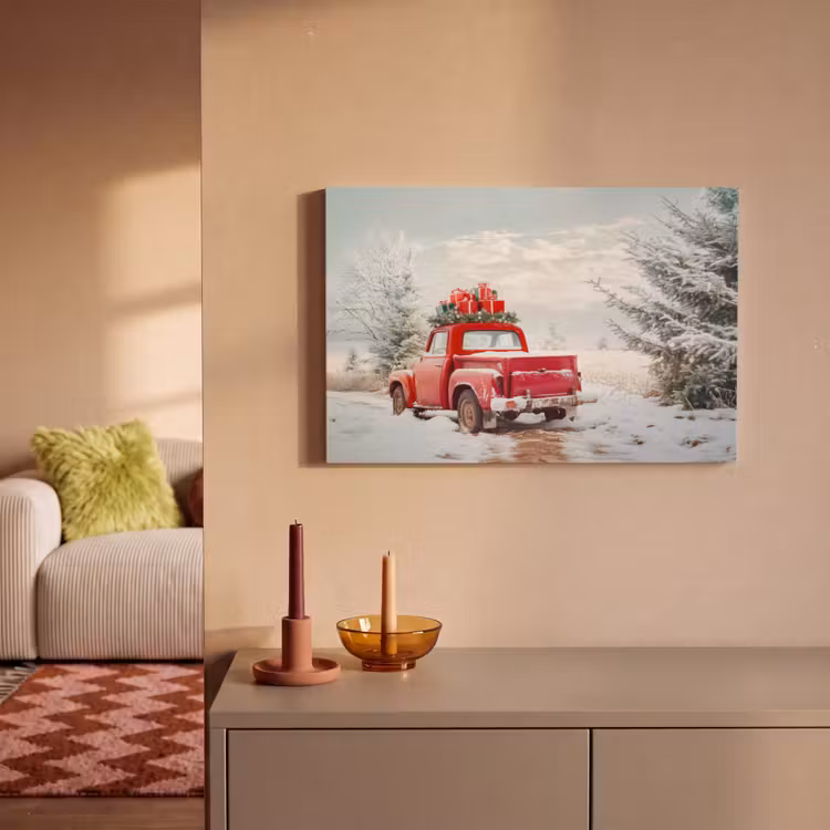 Auto - Rood - Cadeaus - Winter - Sneeuw - Kerst canvas 2cm klein -sfeer1