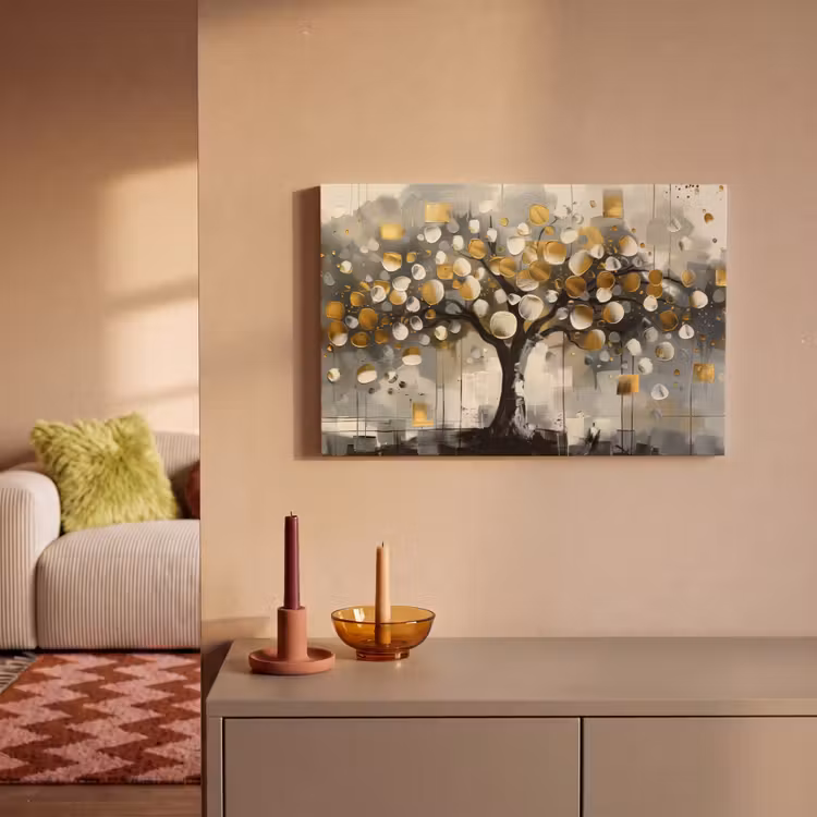 Boom - Abstract - Beige - Goud - Zwart canvas 2cm klein -sfeer1
