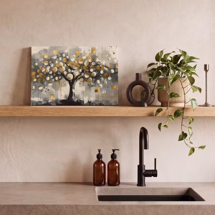 Boom - Abstract - Beige - Goud - Zwart canvas 2cm klein -sfeer6