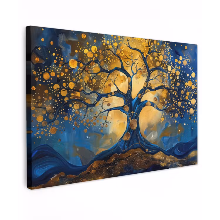 Boom - Levensboom - Blauw - Goud canvas 2cm klein -z3d