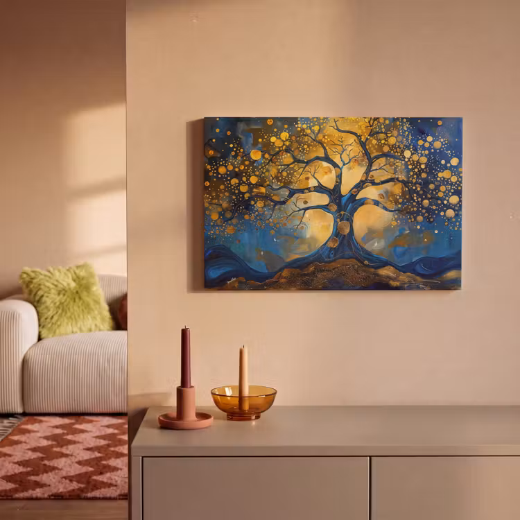 Boom - Levensboom - Blauw - Goud canvas 2cm klein -sfeer1