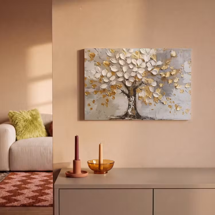 Boom - Beige - Grijs - Goud - Abstract canvas 2cm klein -sfeer1