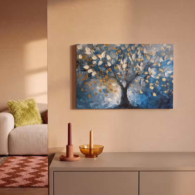 Boom - Blauw - Goud - Abstract canvas 2cm klein -sfeer1