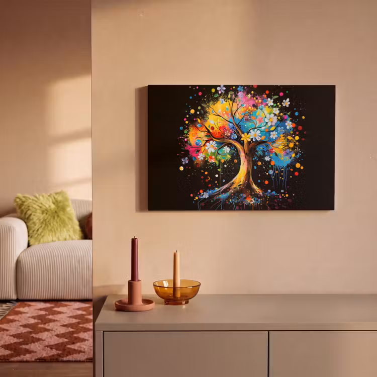 Boom - Kleurrijk - Bloemen - Zwart canvas 2cm klein -sfeer1