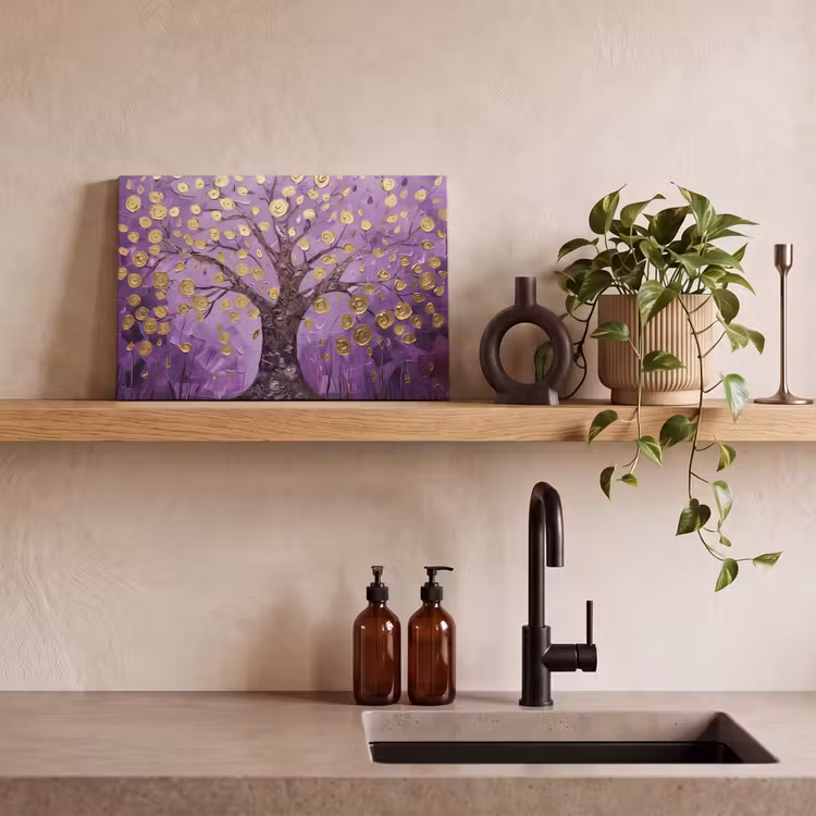 Levensboom - Boom - Paars - Goud - Modern canvas 2cm klein -sfeer3