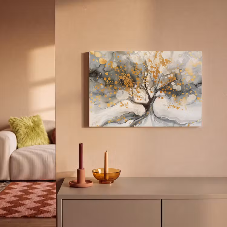 Boom - Modern - Abstract - Goud - Zwart - Wit canvas 2cm klein -sfeer1