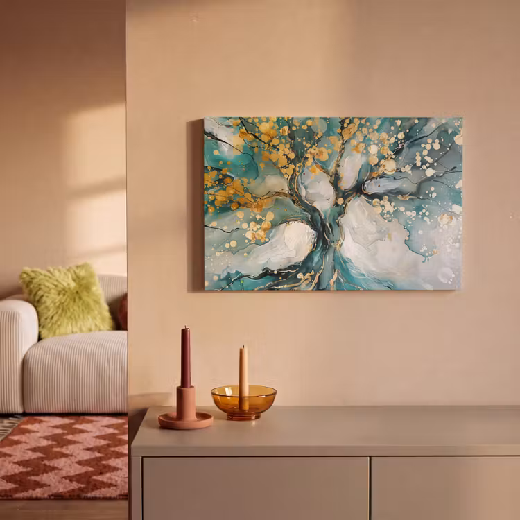 Boom - Modern - Verflook - Turquoise - Goud canvas 2cm klein -sfeer1