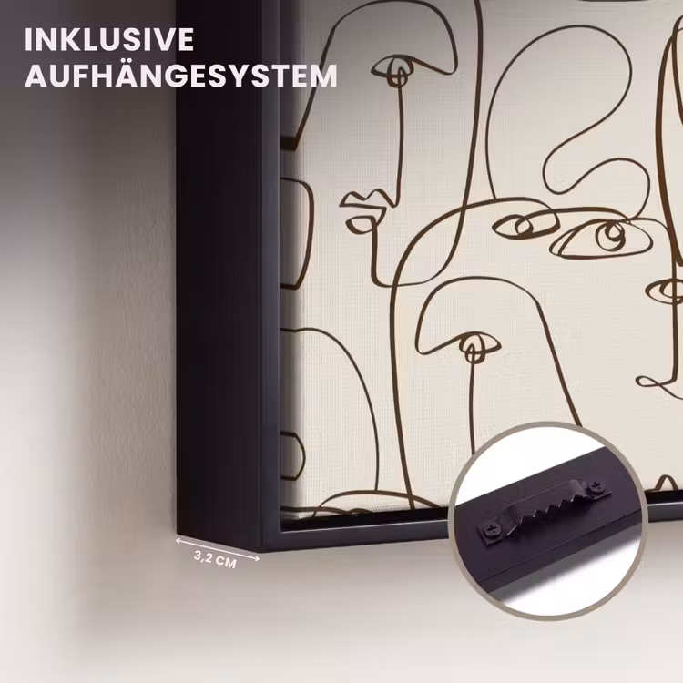 Beige - Gezicht - Lijnen - Bruin Canvas met baklijst klein 1125 -closeup_ophangsysteem_DE