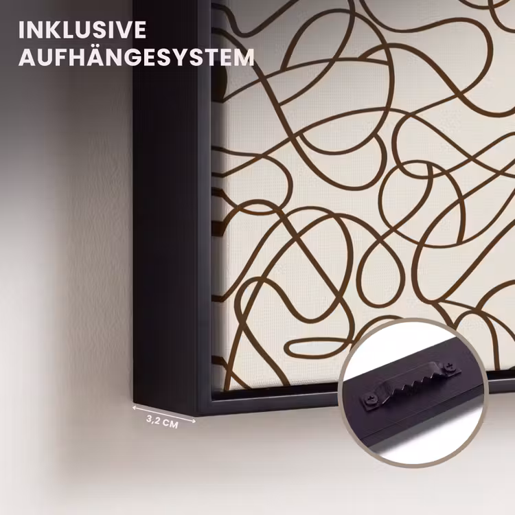 Beige - Lijnen - Donkerbruin Canvas met baklijst klein 1125 -closeup_ophangsysteem_DE