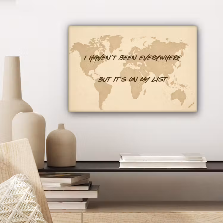 Beige - Wereldkaart - Quote - Handgeschreven canvas 2cm klein -sfeer6