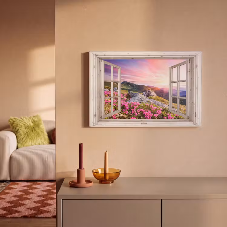 Bergen - Landschap - Doorkijk - Bloemen - Avond - Roze canvas 2cm klein -sfeer1