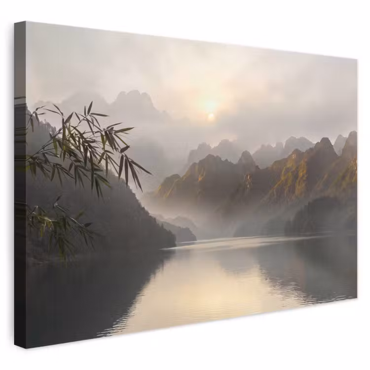Bergen - Water - Mist - Natuur - Landschap canvas 2cm klein -3d