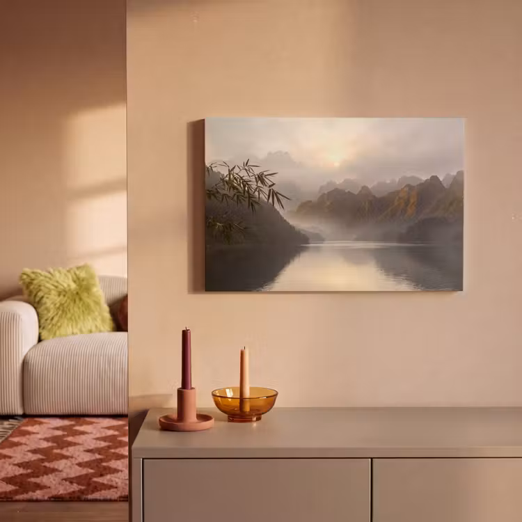Bergen - Water - Mist - Natuur - Landschap canvas 2cm klein -sfeer1