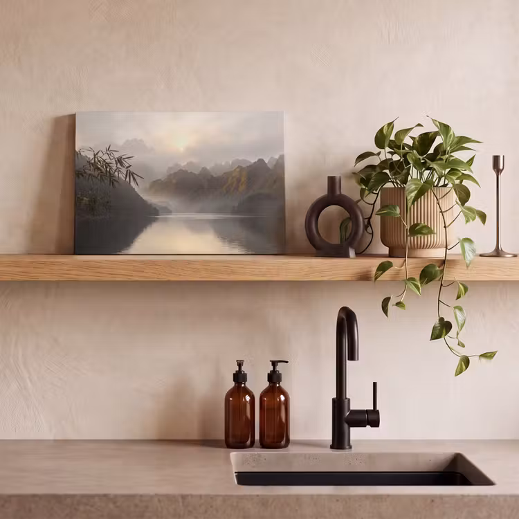 Bergen - Water - Mist - Natuur - Landschap canvas 2cm klein -sfeer3