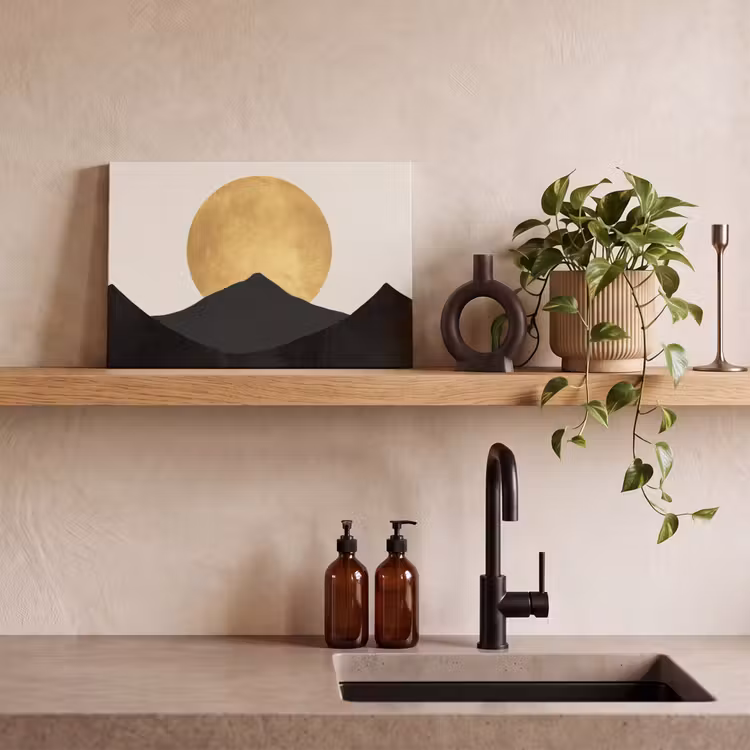 Bergsilhouetten - Gouden cirkel - Beige canvas 2cm klein -sfeer3