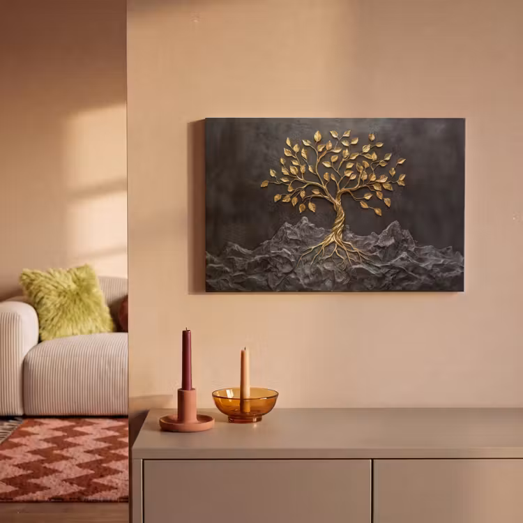 Bladeren - Goud - Boom - Rots canvas 2cm klein -sfeer1