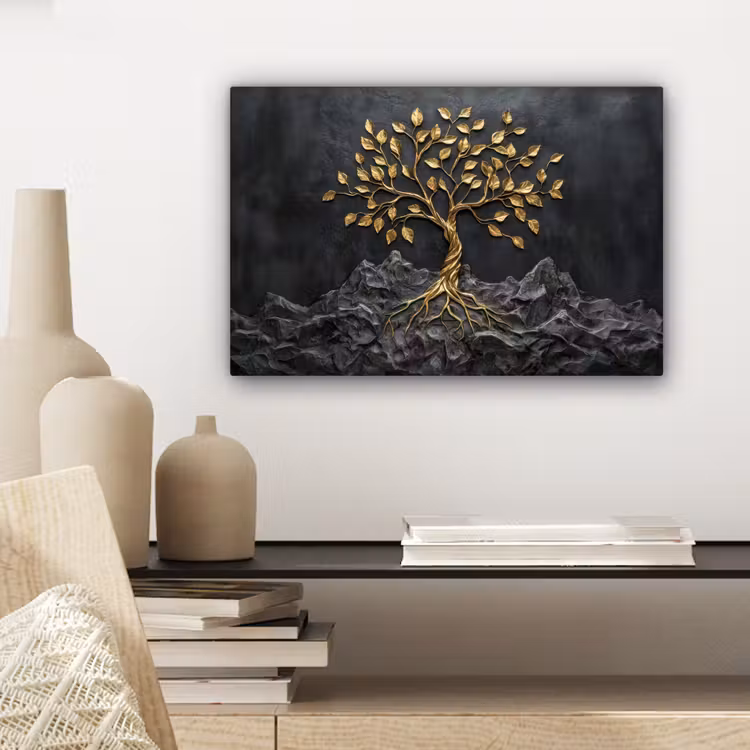 Bladeren - Goud - Boom - Rots canvas 2cm klein -closeup_print_DE