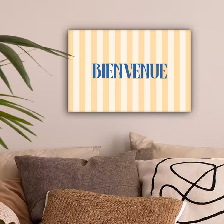 Blauw - Geel - Strepen - Bienvenue canvas 2cm klein -sfeer1