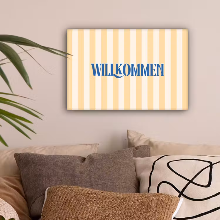 Blauw - Geel - Strepen - Willkommen canvas 2cm klein -sfeer1