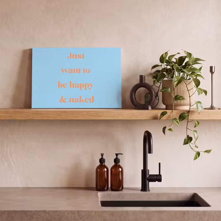 Blauw - Oranje - Just want to be happy & naked canvas 2cm klein -sfeer3