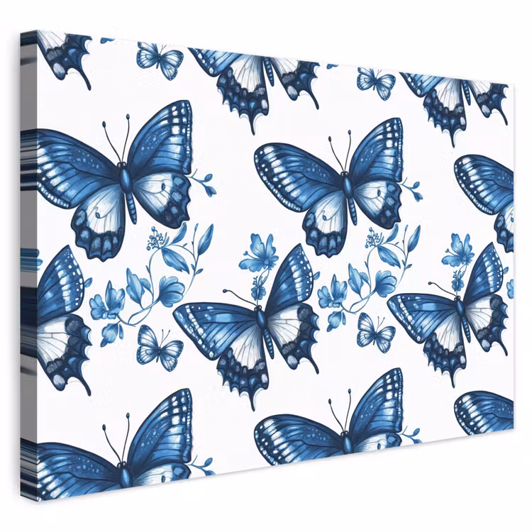 Blauw - Vlinders - Bloemen - Wit canvas 2cm klein 34 -3d