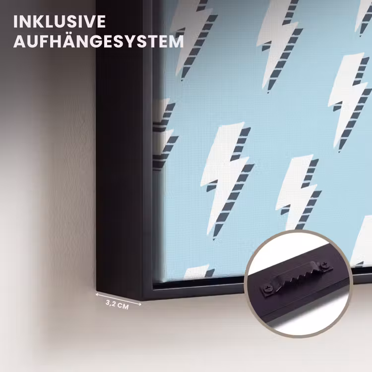 Blauw - Wit - Patroon - Bliksem Canvas met baklijst klein 1124 -closeup_ophangsysteem_DE