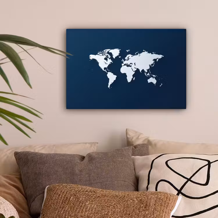 Blauw - Wereldkaart - Modern - Wit canvas 2cm klein -sfeer1