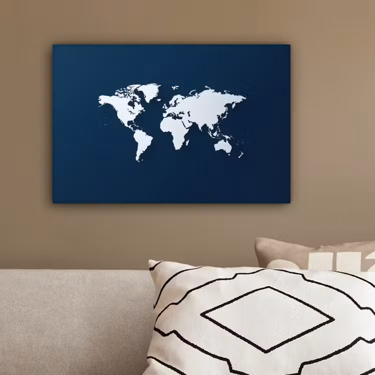 Blauw - Wereldkaart - Modern - Wit canvas 2cm klein -sfeer3