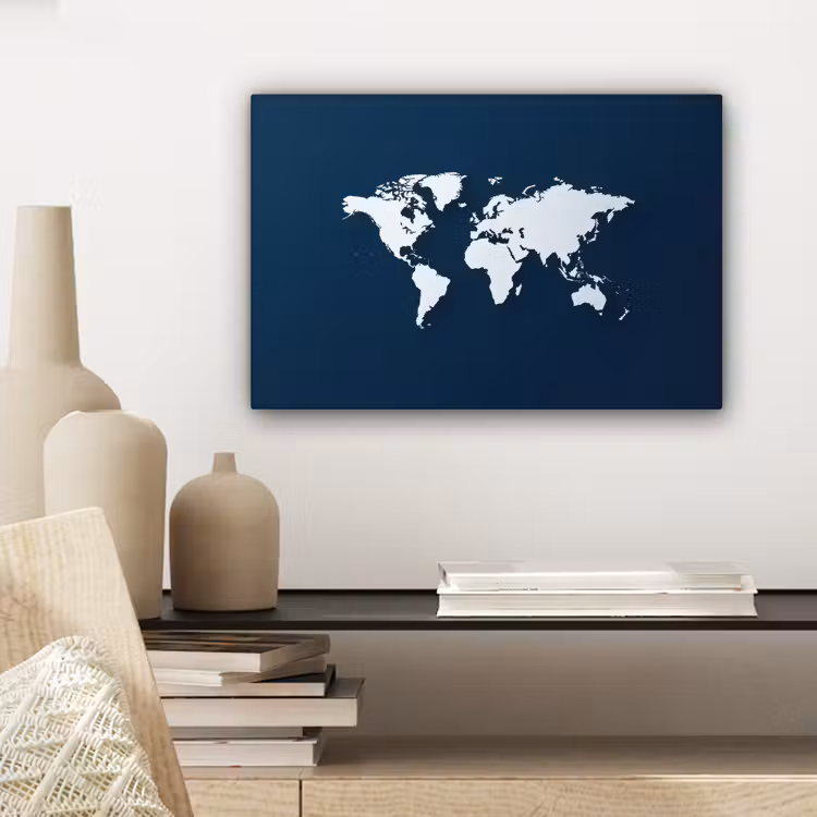 Blauw - Wereldkaart - Modern - Wit canvas 2cm klein -sfeer6