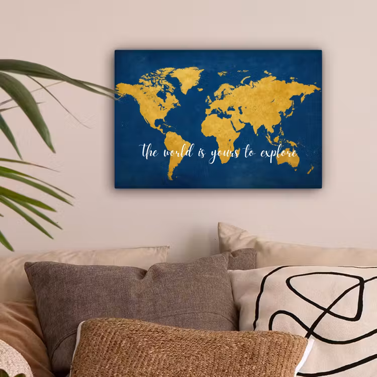 Blauw - Wereldkaart - Quote - Explore canvas 2cm klein -sfeer1