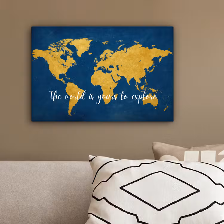 Blauw - Wereldkaart - Quote - Explore canvas 2cm klein -sfeer3