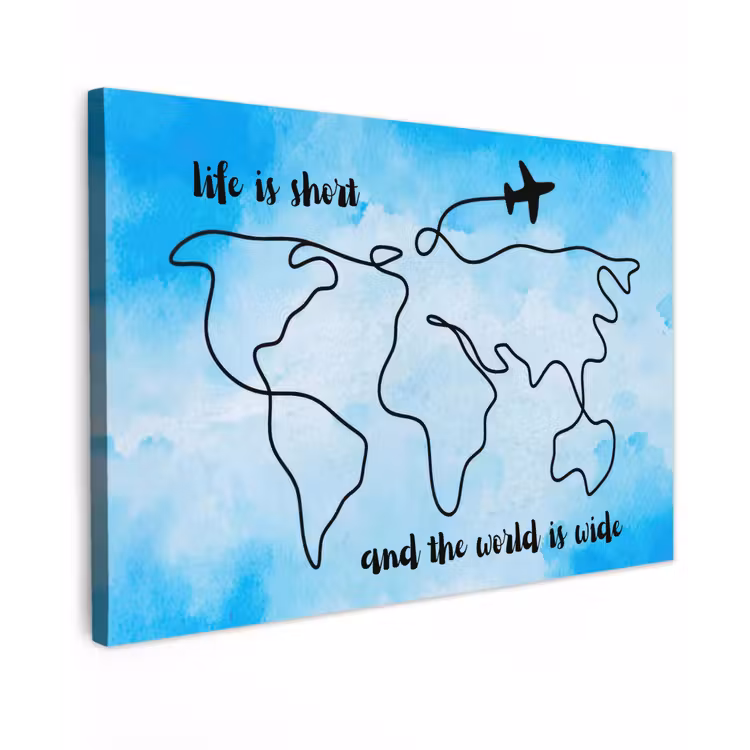 Blauw - Quote - Wereldkaart canvas 2cm klein -z3d