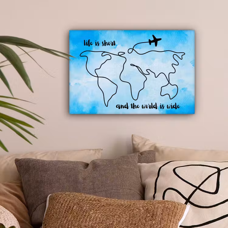 Blauw - Quote - Wereldkaart canvas 2cm klein -sfeer1