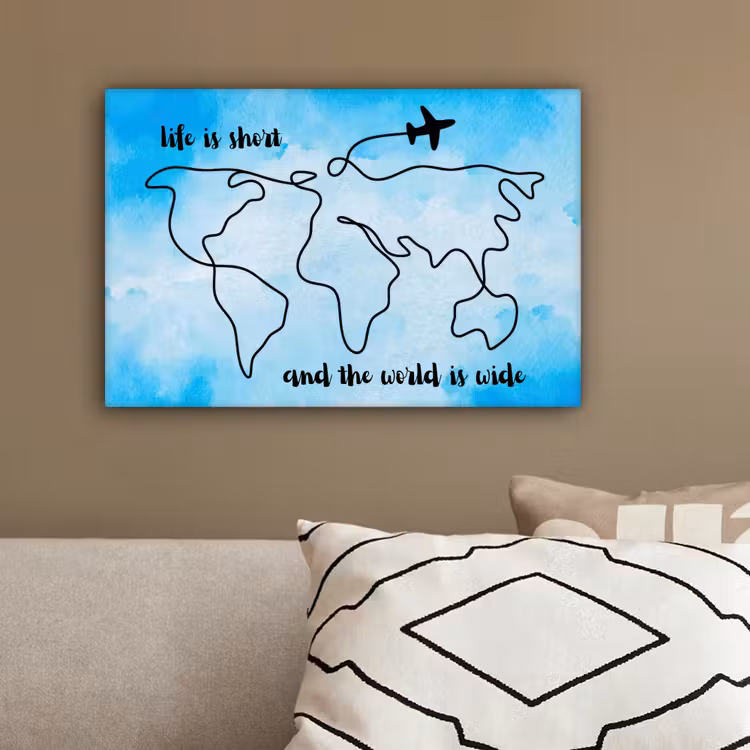 Blauw - Quote - Wereldkaart canvas 2cm klein -sfeer3