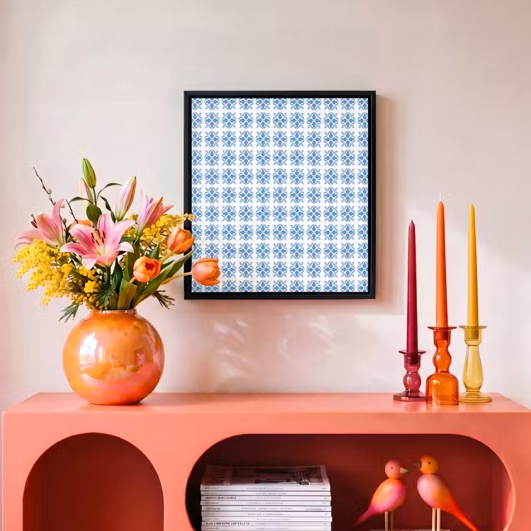 Blauw - Wit - Tegel - Patroon Canvas met baklijst klein 1124 -atmosphere_sfeer3_global