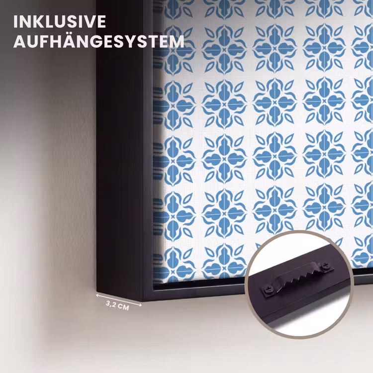Blauw - Wit - Tegel - Patroon Canvas met baklijst klein 1124 -closeup_ophangsysteem_DE