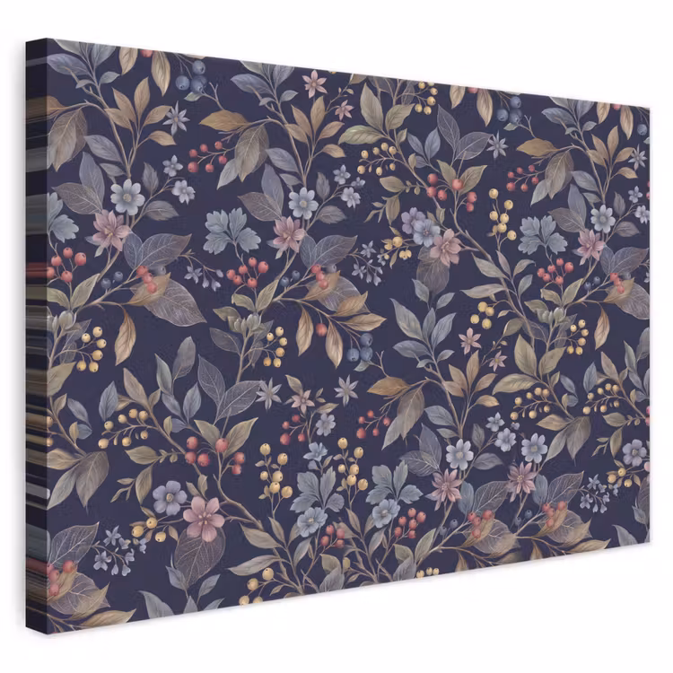 Bloemen - Bladeren - Patroon - Botanisch - Donkerblauw canvas 2cm klein -3d