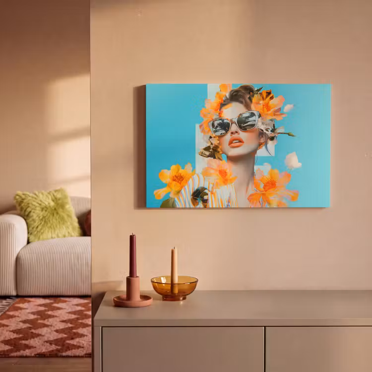 Bloemen - Vrouw - Zonnebril - Blauw canvas 2cm klein -sfeer1
