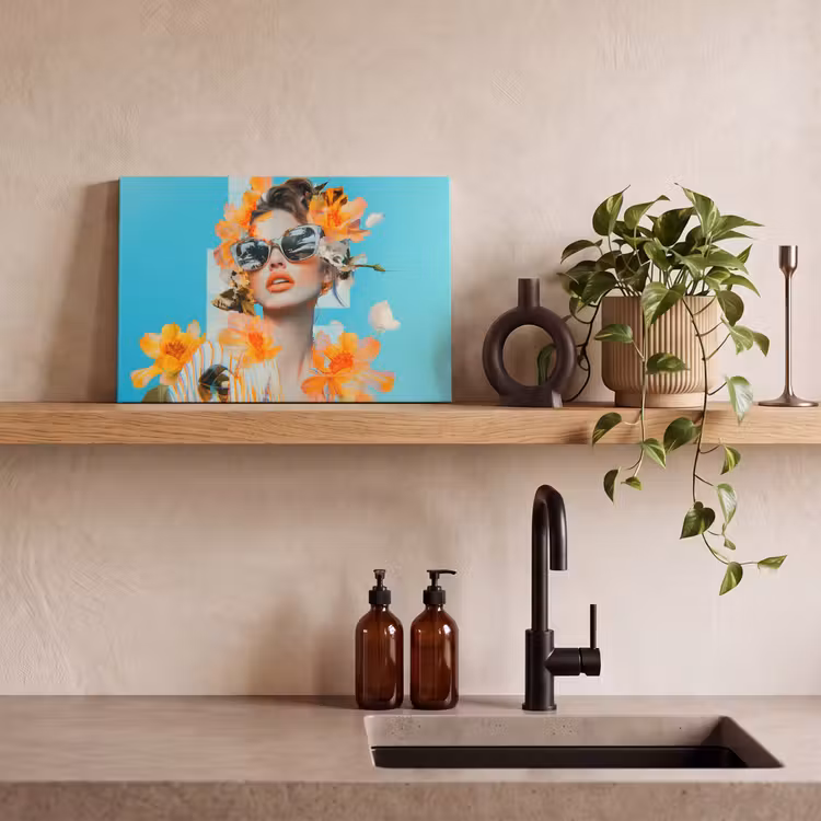 Bloemen - Vrouw - Zonnebril - Blauw canvas 2cm klein -sfeer3