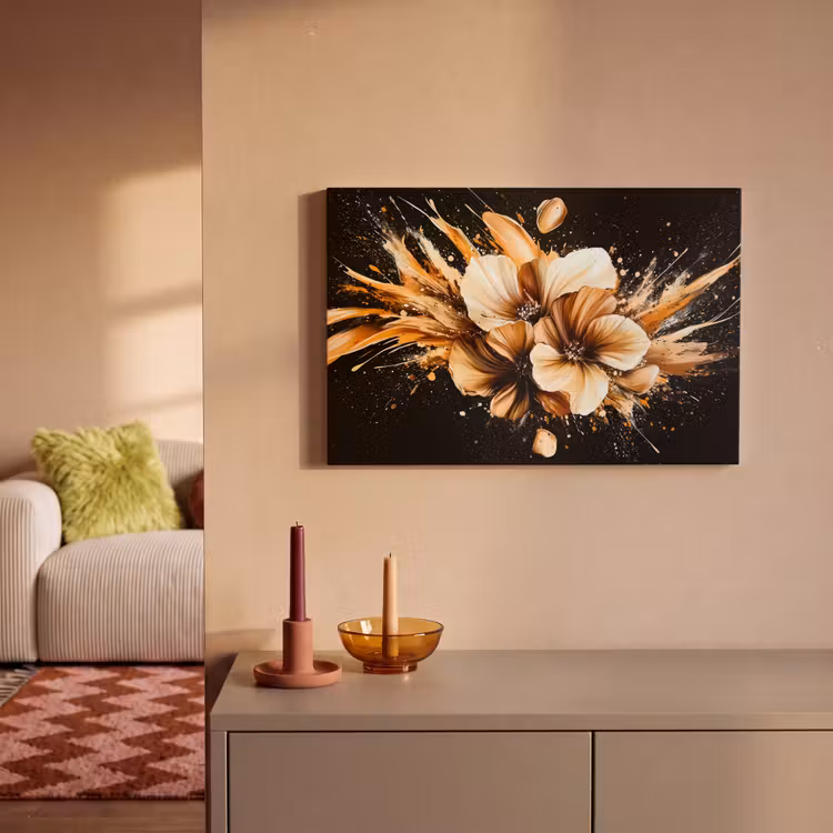 Bloemen - Goud - Graffiti - Zwart - Abstract canvas 2cm klein -sfeer1