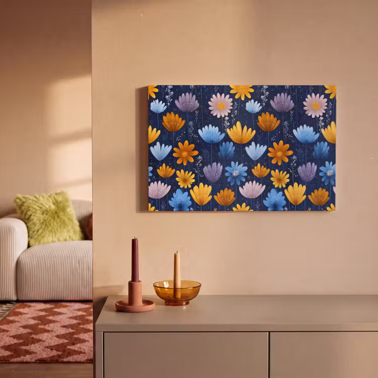 Bloemen - Patroon - Blauw - Contrast canvas 2cm klein -sfeer1